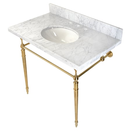 Fauceture KVPB3622M87 36" Console Sink with Brass Legs (8-Inch, 3 Hole), Marble White/Brushed Brass KVPB3622M87